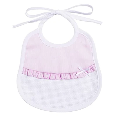 Abbildung von Filet Lätzchen aus Baumwoll Piqué mit Rüschen, Baby Einsatz Aida zum Sticken, Verschluss Schnürsenkeln, Made in Italy, Farbe Rosa