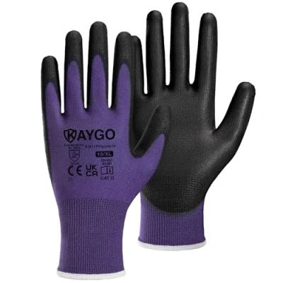 Abbildung von KAYGO 12 Paar Arbeitshandschuhe für Herren Damen, PU beschichtet Schutzhandschuhe, antirutsch Griff an Handflächen und Fingern, Geeignet DIY allgemeine Arbeit Gartenarbeit (Violett, XL, Gr 10)