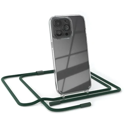 Abbildung von EAZY CASE kombinierbare Handyketten kompatibel mit iPhone 13 Pro, Transparente Silikon Hülle rundem Umhängeband, abnehmbar durch abschraubbare Endstücke Band, Gurt zum wechseln, Pinien Grün
