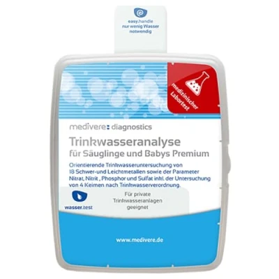 Abbildung von medivere Trinkwasseranalyse für Säuglinge und Babys Premium Laboruntersuchung auf 18 Leicht Schwermetalle sowie Nitrat, Nitrit, Phosphor, Sulfat inkl. Keimtest gemäß Trinkwasserverordnung