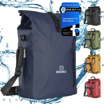 Abbildung von Bronea Fahrradtasche 3 in 1 Wasserdicht 28L JEANSBLAU Kombi Rucksack &amp; Umhängetasche (Schnellmontage an Gepäckträger, integrierte Laptoptasche), Diamond Struktur Laptoptasche 100% Reflektierende Elemente