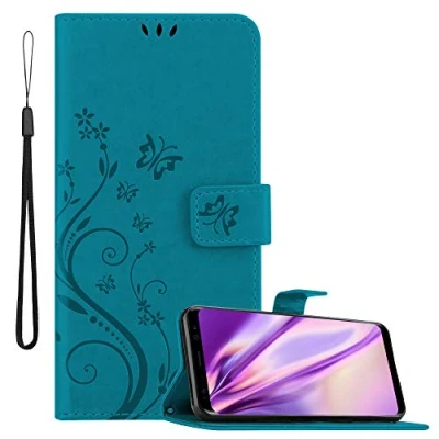 Abbildung von Cadorabo Hülle kompatibel mit Samsung Galaxy S8 Blumen Design aus Premium Kunst Leder Flip Klappbare Stoßfeste Magnetische [Standfunktion] [Kartenfächern] Cover für Tasche in Blau