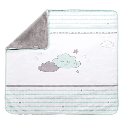 Abbildung von roba Babydecke Happy Cloud Kuscheldecke 80 x cm zum Schlafen, Krabbeln &amp; Spielen Baby Decke 2 seitig aus Baumwolle / Plüsch mit Wolken Motiv Mint Weiß