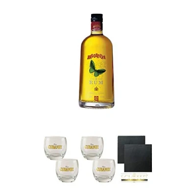 Abbildung von Angostura Gold 5 Jahre Trinidad &amp; Tobago 1,0 Liter + Ron Cubaney Rum Tumbler 2 Stück Schiefer Glasuntersetzer eckig ca. 9,5 cm Ø