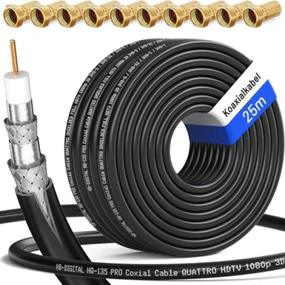 Abbildung von HB DIGITAL 25m Koaxialkabel HQ 135 Antennenkabel 135dB SAT Kabel 8K 4K UHD 4 Fach geschirmt für DVB S / S2 C C2 T T2 DAB+ Radio BK Anlagen + 10 F Stecker GRATIS