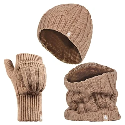 Abbildung von HEAT HOLDERS Damen Extra Warm Mütze, Handschuhe und Halswärmer Set für Winter mit Fleece Gefüttert (Einheitsgröße, Beige)