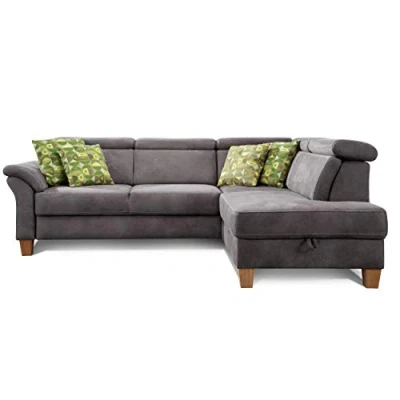 Abbildung von Cavadore Schlafsofa Ammerland mit Ottomane rechts / Federkern Sofa im Landhausstil verstellbaren Kopfstützen, Bett und Bettkasten 245 x 84 194 Lederoptik dunkelgrau