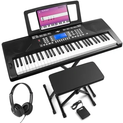 Abbildung von MAX Rhapsody61P MIDI Keyboard Piano mit 61 Tasten und Pitch Wheel, Ständer, Kopfhörer &amp; Sustain Paddle, Anschlagdynamik, LCD Display, Lern Funktion, 8h Akku, 40 Demosongs, 300 Sounds