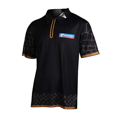 Abbildung von Unicorn Dart Shirt, Jeffrey The Black Cobra de Zwaan, atmungsaktives Polyester und Nahtloser Reißverschluss, Schwarz Gold, Größen S bis XXXXL