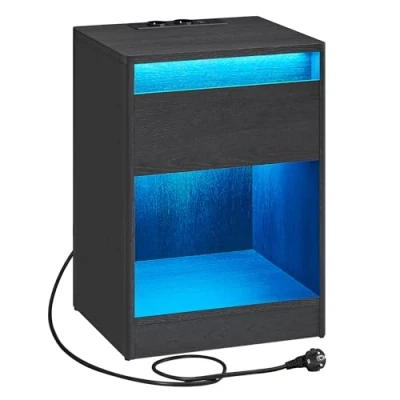 Abbildung von VASAGLE Nachttisch mit Einstellbarer LED Beleuchtung, Beistelltisch Steckdosen, Schublade, 2 AC USB Anschlüsse, modern, für Schlafzimmer, Wohnzimmer, aschschwarz LET618T22