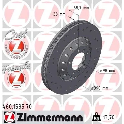 Abbildung von ZIMMERMANN 460.1585.70 Bremsscheibe 390 38 7/5 5 130 Belüftet, gelocht, Verbundbremsscheibe beschichtet legiert/hochgekohlt PORSCHE: Panamera