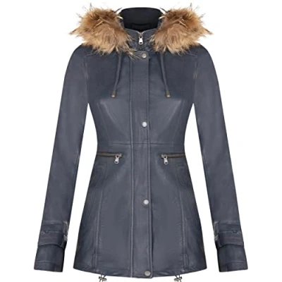 Abbildung von Infinity Leather Damen Navy Blau Warme Lederjacke Abnehmbare Kapuze Parka Regenmantel 2XL