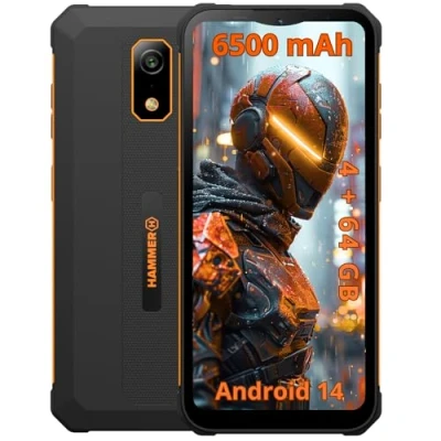 Abbildung von Hammer Iron Steel Lite ohne Vertrag robust, wasserdicht, Dual SIM, leistungsstarker 6500 mAh Akku, 64GB + 4GB RAM, Android 14, 13 Mpx Kamera mit Nachtsicht Sensor IP69 droptest, 300 Stunden Standby