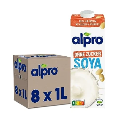 Abbildung von Alpro Sojadrink Vegan und milchfrei Von Natur aus laktosefrei fettarm Reich an pflanzlichen Proteinen, beinhaltet Calcium Vitamine 8 x 1 L Haltbar