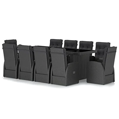 Abbildung von vidaXL Garten Essgruppe 11 TLG., Gartenmöbel Set mit Kissen, Gartengarnitur Tisch 10 Stühle, Sitzgruppe Gartenset, Schwarz Poly Rattan