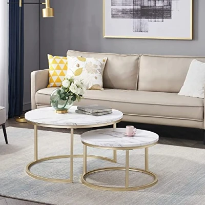 Abbildung von HJhomeheart Couchtisch Rund 2er Set Groß: 60 x 45 cm Klein: 40 35 cm, Tisch Gold weiß (weiß und Gold)