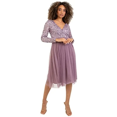 Abbildung von Maya Deluxe Damen Dames Wedding Guest Midi Jurk Lange Mouwen Plunging Hals Sequin Embellished Gradua Brautjungfernkleid, Moody Lilac, 38 EU