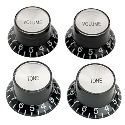 Abbildung von Musiclily Pro LinkshänderMetrische Größe 18 Splines 2 Volume Tone Potiknopfe Top Hat Reflector Knobs Set für Epiphone Les Paul SG Style E Gitarre, Schwarz mit Silber