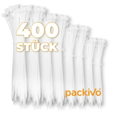 Abbildung von 400 Stück Kabelbinder Weiss Set 100/150/200/300 mm jeweils 100 Stück, Sortiment Nylon Verschiedene Größen Super Haltbar für Kabelmanagement,Gartenarbeit,Wohnen,Werkstätten, Auto