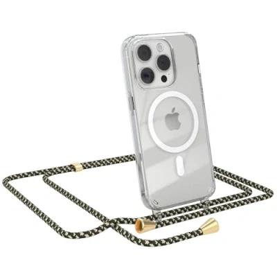 Abbildung von EAZY CASE Handykette kompatibel mit iPhone 15 Pro Kette zum Umhängen Stoßfest Handyhülle für Silikon Hülle Band Handytasche Transparent als Fallschutz in Grün Camouflage