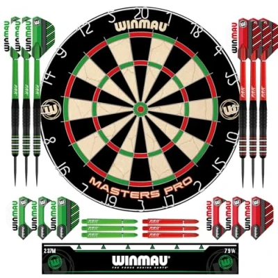 Abbildung von Winmau Dartscheibe Masters Pro Profi Steeldart aus Sisal Enthält Dartscheibe, Dartpfeile, Flights, Schäfte und Oche Streifen Steel Set für Erwachsene