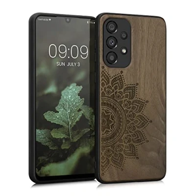 Abbildung von kwmobile Hülle kompatibel mit Samsung Galaxy A33 5G Holz Case Handy Cover TPU Handyhülle in Dunkelbraun Aufgehende Sonne