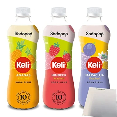 Abbildung von Sodapop Keli Sirup Multipack: Ananas, Himbeer &amp; Maracuja für Wassersprudler (3x500ml Flasche) + usy Block