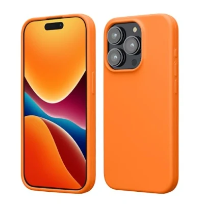 Abbildung von kwmobile Hülle für das iPhone 15 Pro Max Silikon Handy Case stoßfeste Handyhülle mit weicher Oberfläche Fruity Orange