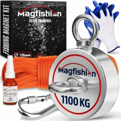 Abbildung von MAGFISHION Magnetfischen Set 550 KG Ø116mm Neodym Magnet mit Seil (20M) &amp; Handschuhe Fischen Angel Ösenmagnet Fishing Magnetangel Magnetangeln