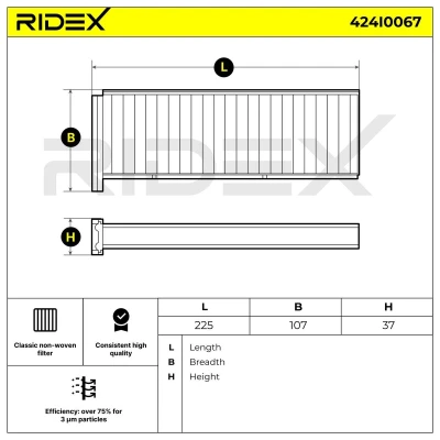 Abbildung von RIDEX 424I0067 Innenraumfilter Partikelfilter 225 107 37 MITSUBISHI: COLT 5, L200 / Triton V Pickup, Space Star