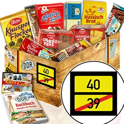 Abbildung von Geschenke mit Keksen/DDR Geschenk/Ortsschild 40/40. Geburtstag