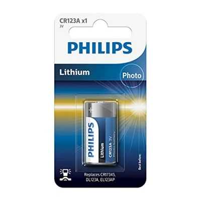 Abbildung von Philips Minicells CR123A/97, Einwegbatterie, Lithium, 3 V, 1500 mAh, Cd (cadmium), Hg (Quecksilber), Pb (Blei), Sichtverpackung