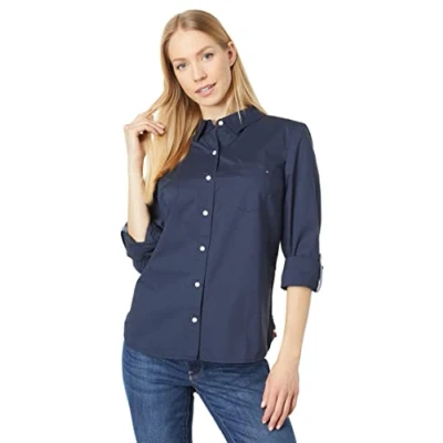 Abbildung von Tommy Hilfiger Damen Solid Button Kragen Hemd mit verstellbaren Ärmeln, Sky Captain, Medium, Kapitän des Himmels (Sky Captain), Mittel