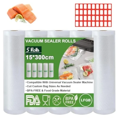 Abbildung von Omtofo Vakuumierbeutel 5 Rollen Vakuumierfolie, 15 x 300cm/Rolle Vakuumbeutel Lebensmittel, BPA frei, reißfest, 150µm, Vakumierfolienrolle für alle Vakuumierer, Mikrowellen and Sous Vide