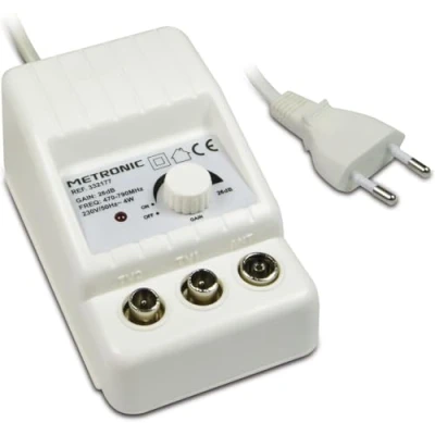 Abbildung von Metronic 332187 TV Verstärker FM/VHF/UHF Digital terrestrisch mit 5G Filter, 2x24dB einstellbar, 1 Eingang/2 Ausgänge, Innen, 47/694MHz, weiß