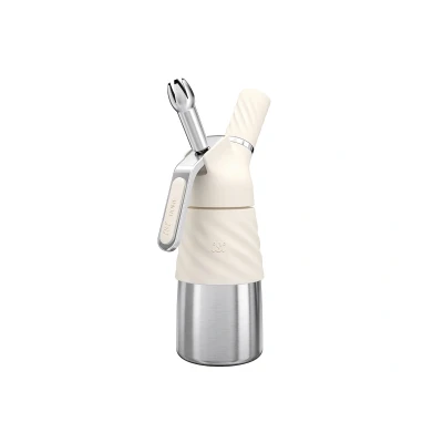 Abbildung von iSi Creative Whip Premium Sahnespender 250ml, Ivory White , aus Edelstahl inkl. 3 Edelstahltüllen &amp; 2 Sahnekapseln für Sahne, Dessert Herzhaftes Spülmaschinenfest