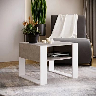 Abbildung von MRBLS Couchtisch modernes rustikales Design Wohnzimmer Tisch Beistelltisch Kaffeetisch Sofatisch Teetisch aus Holz (Beton Weiß Matt) 65 x 45 53,6cm (B/H/T)