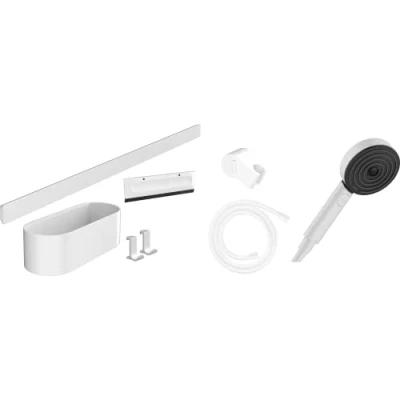 Abbildung von hansgrohe WallStoris Badezimmer Set, Zubehör Set für das Bad ohne bohren, 7 teilig, mit Duschkopf wassersparend und Accessoires, Zubehör, Mattweiß, 24291700