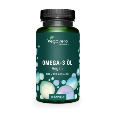 Abbildung von Omega 3 Kapseln Premium Rohstoff: life&#039;s™Omega 450 mg DHA 225 EPA Vegan Keine Gelatine Algenöl kaltgepresst Laborgeprüft Konzentration* Deutsche Produktion Vegavero®
