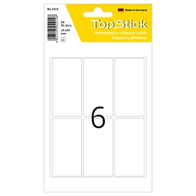 Abbildung von TopStick 2214 Vielzweck Etiketten, 900 Stück, 34 x 67 mm, 6 pro Bogen, selbstklebend, Haushaltsetiketten zum Beschriften, matt, blanko Papier Klebeetiketten Aufkleber, weiß