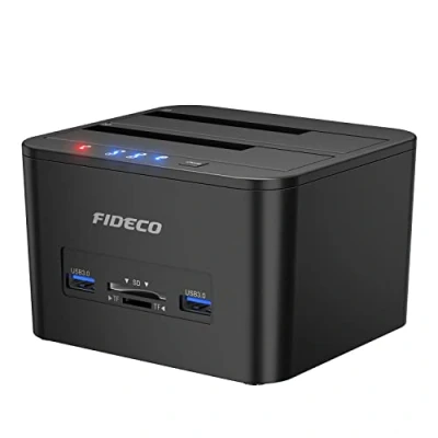 Abbildung von FIDECO Festplatten Dockingstation, USB 3.0 Dualschacht Docking Station Offline Klonfunktion für 2,5 Zoll &amp; 3,5 HDD SSD SATA, Unterstützt TF SD Karte, Unterstützen UASP