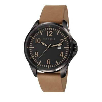 Abbildung von Esprit Quarzuhr, Herren Quarzuhr mit schwarzem Zifferblatt Analog Anzeige und braunem Lederband ES107601002