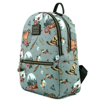 Abbildung von Loungefly Harry Potter Tätowierung Allover Print Damen Doppelriemen Schultertasche Geldbörse