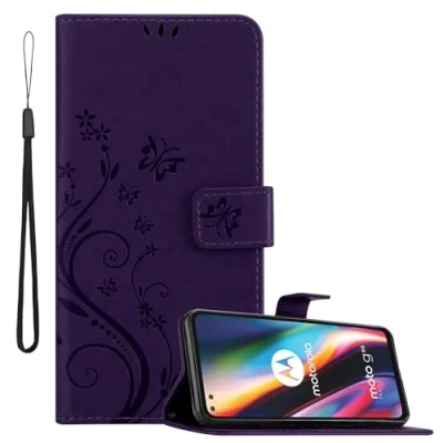 Abbildung von Cadorabo Hülle kompatibel mit Motorola Moto G 5G Plus Blumen Design aus Premium Kunst Leder Flip Klappbare Stoßfeste Magnetische [Standfunktion] [Kartenfächern] Cover Case Tasche in Lila