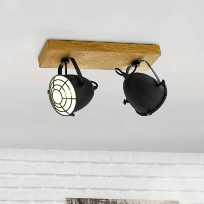 Abbildung von EGLO Deckenlampe Gatebeck, 2 flammige Deckenleuchte Vintage, Industrial, Retro, Deckenstrahler aus Stahl in Schwarz und Holz Natur, Wohnzimmerlampe, E14 Fassung, FSC zertifiziert