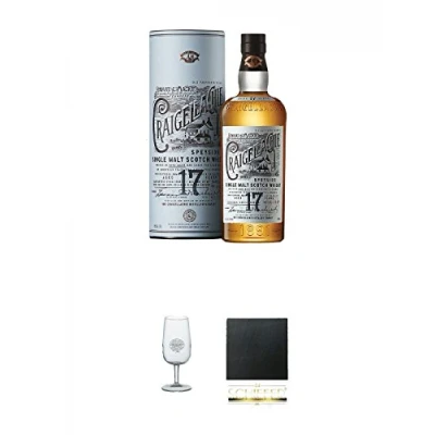 Abbildung von Craigellachie 17 Years Old Highland Single Malt 0,7 Liter + Classic Nosing Glas mit Aufschrift 1 Schiefer Glasuntersetzer eckig ca. 9,5 cm Durchmesser
