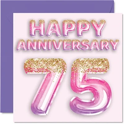 Abbildung von Hübsche Karte zum 75. Hochzeitstag für Ehefrau, Freundin, Ehemann, Freund, rosa lila Glitzerballons Happy 75 Jahrestagskarten aus der Familie, 145 mm x Grußkarten siebzig Jahrestage