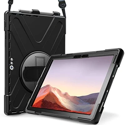 Abbildung von ProCase Stoßfest Hülle mit Ständer und verstellbar Schultergurt für Surface Pro 7 Plus, 7/ 6 / 5(2017)/ 4 LTE, Robust Heavy Duty Hybrid Schutzhülle Gurt Schwarz