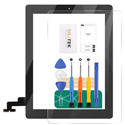 Abbildung von SRJTEK Touchscreen Digitizer für iPad 2 A1395 A1396 A1397 (kein LCD Bildschirm) Home Button + Kamerahalter vorinstallierter Kleber Mittelrahmen Blende (schwarz)