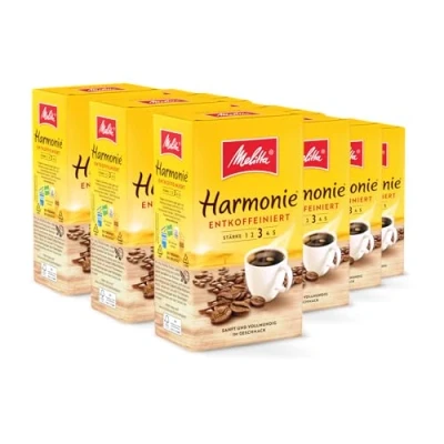 Abbildung von Melitta Harmonie Entkoffeiniert Filter Kaffee 12 x 500g, gemahlen, Pulver für Filterkaffeemaschinen, koffeinfrei, milde Röstung, geröstet in Deutschland, im Tray